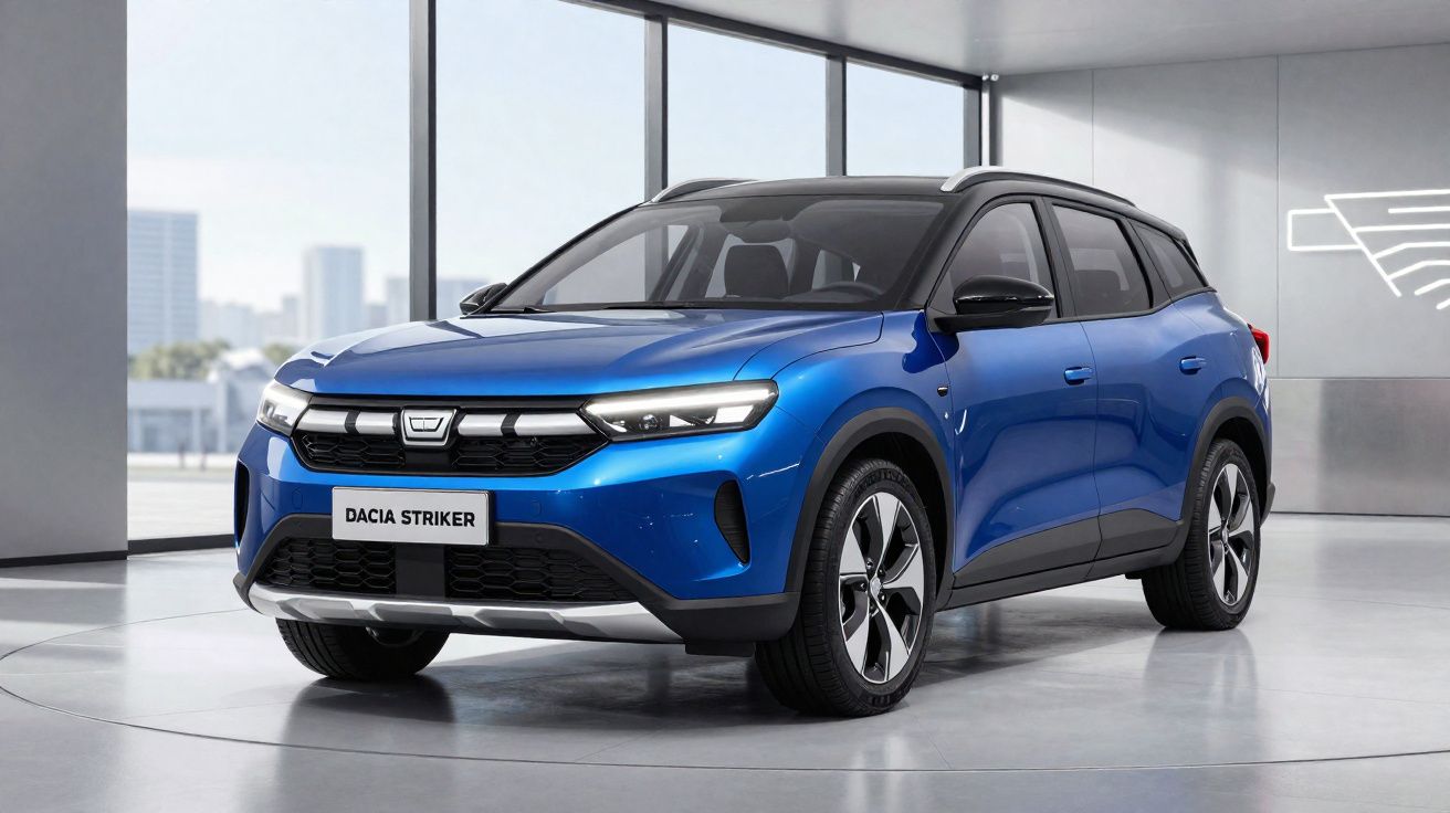 SUV Dacia Striker albastru expus într-un showroom modern, cu iluminare naturală și design aerodinamic.