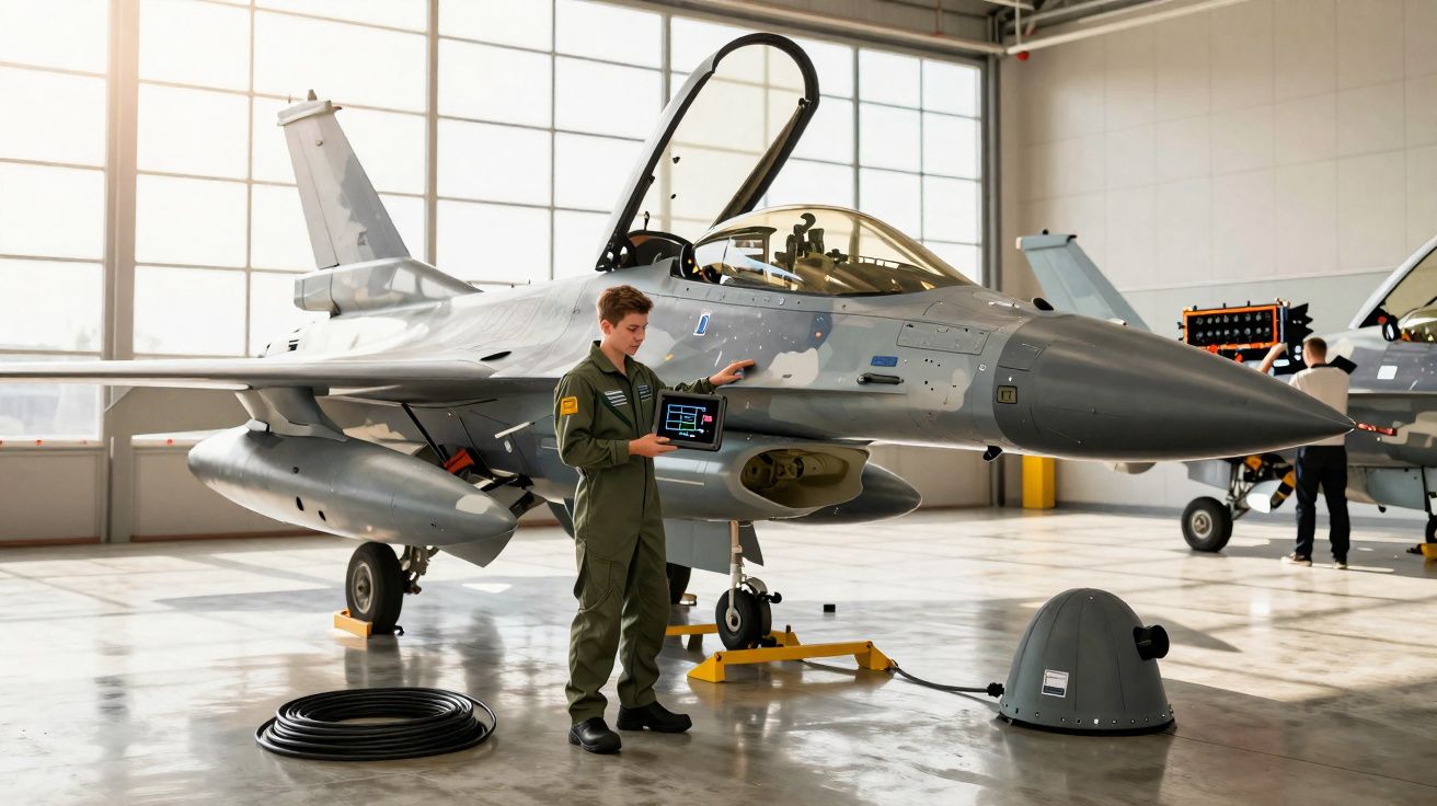Pilot militar în salopetă de zbor verificând un avion de luptă într-un hangar spațios și luminos.