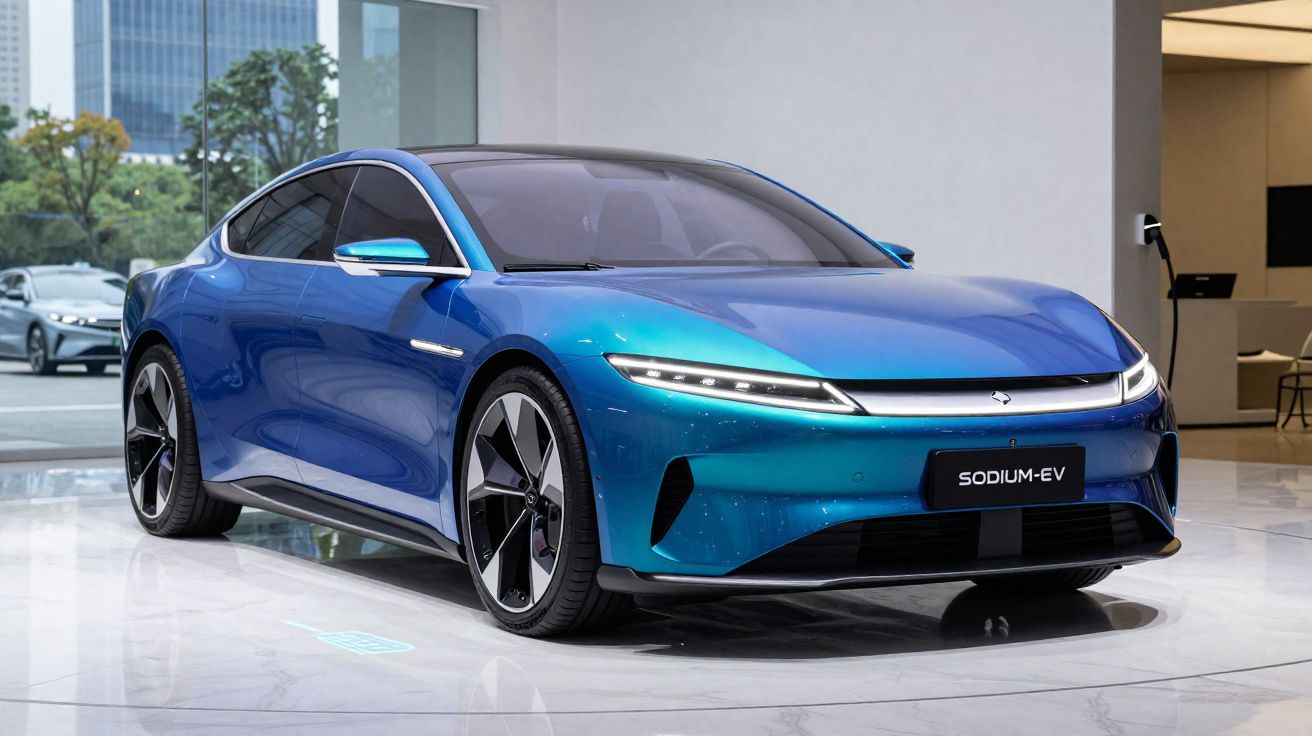 Mașină electrică albastră modernă expusă în showroom cu design aerodinamic și faruri LED subțiri.