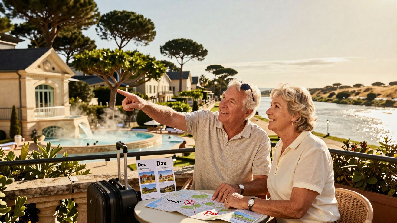 Cuplu de pensionari planificând o excursie la hotel lângă piscină și râu, cu hartă și bagaje.
