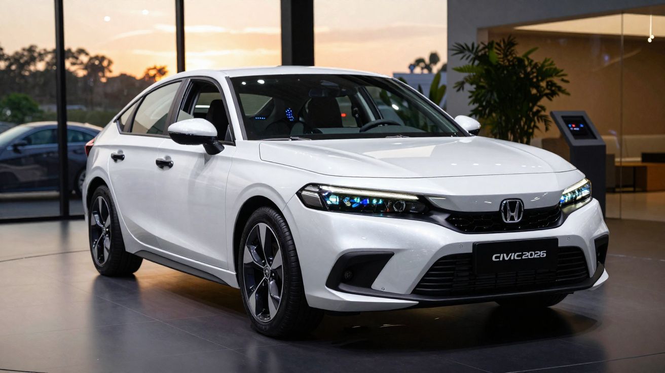 Mașină albă Honda Civic 2026 expusă în showroom cu faruri aprinse și fundal de apus.