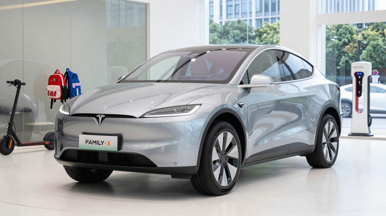 Mașină electrică Tesla Model X argintie, parcată într-un showroom modern cu trotinetă și rucsacuri în fundal