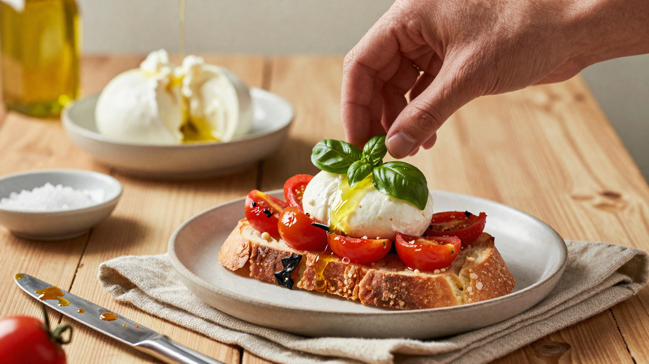 Mână așezând frunze de busuioc pe brânză burrata cu roșii cherry pe felie de pâine prăjită pe farfurie.