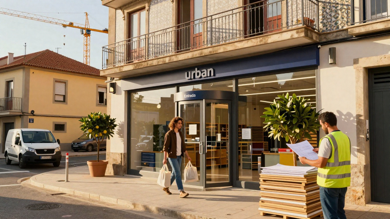 Persoană cu sacose intră într-un magazin urban, muncitor cu vestă reflectorizantă ține planuri lângă paleți pe trotuar.