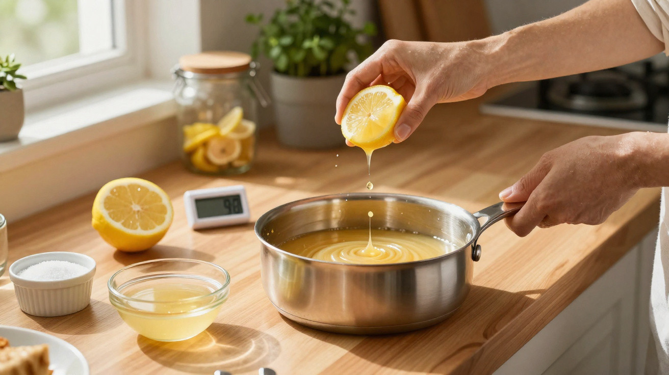 Mâini stoarcând o jumătate de lămâie într-o oală cu sos pe blatul de bucătărie lângă recipiente cu ingrediente.