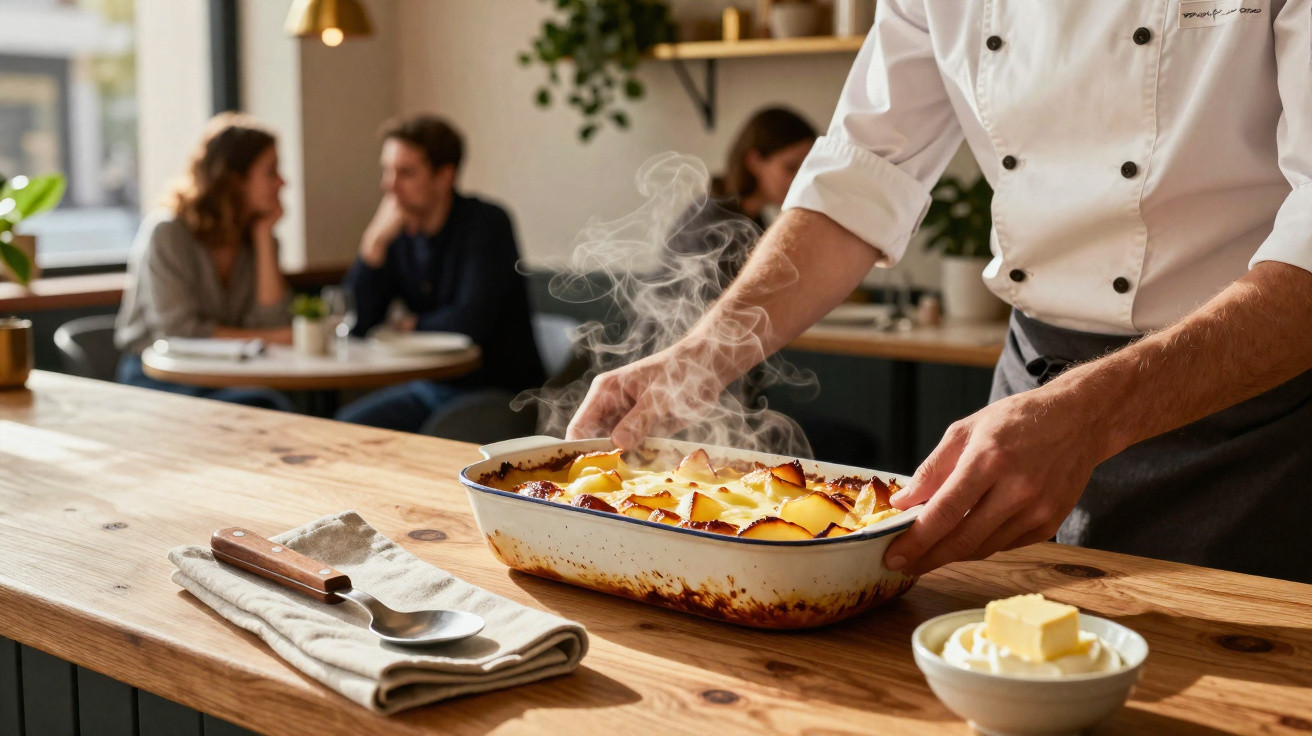Bucătar scoate din cuptor un vas cu mâncare aburindă într-un restaurant cu oameni la mese în fundal.