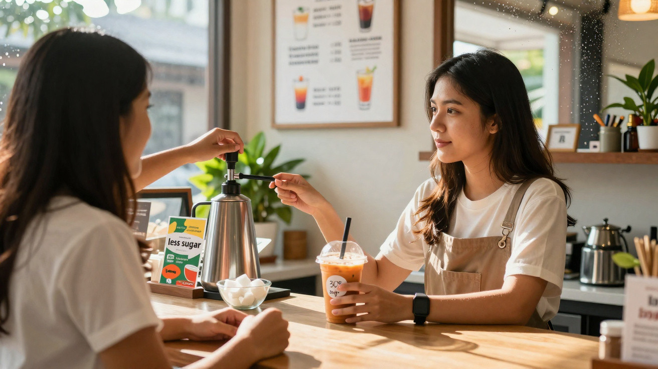 O tânără barista servește o băutură rece cu pai unei cliente la o cafenea luminoasă și primitoare.