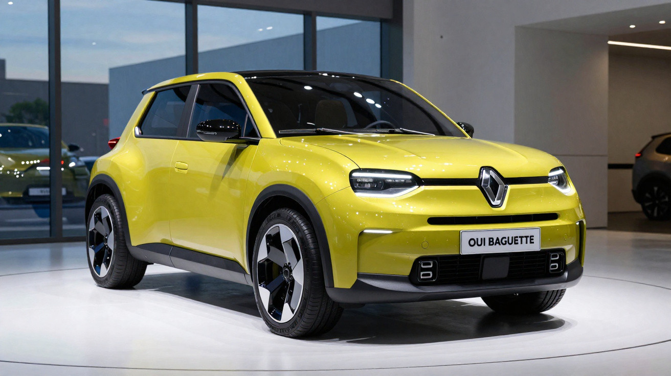 Mașină electrică Renault galbenă expusă în showroom modern, model compact cu design futurist.