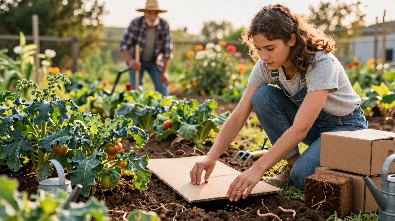Fată lucrează în grădină la cultivarea legumelor, bărbat în fundal cu pălărie și sapă.