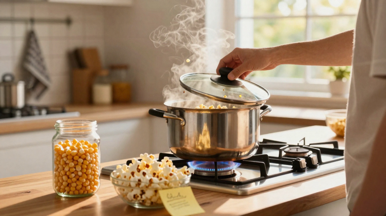 O mână ridică capacul oalei cu popcorn care fierbe pe aragaz într-o bucătărie luminoasă.