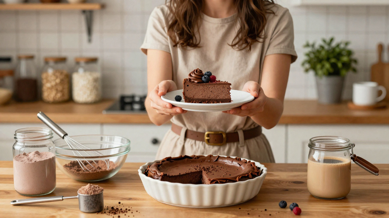Femeie ținând o felie de tort de ciocolată pe farfurie într-o bucătărie, pe masă ingrediente și cheesecake.