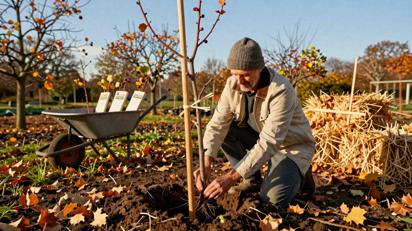 Un bărbat plantând un pom tânăr într-o grădină toamna, cu roabă și baloți de paie în fundal.