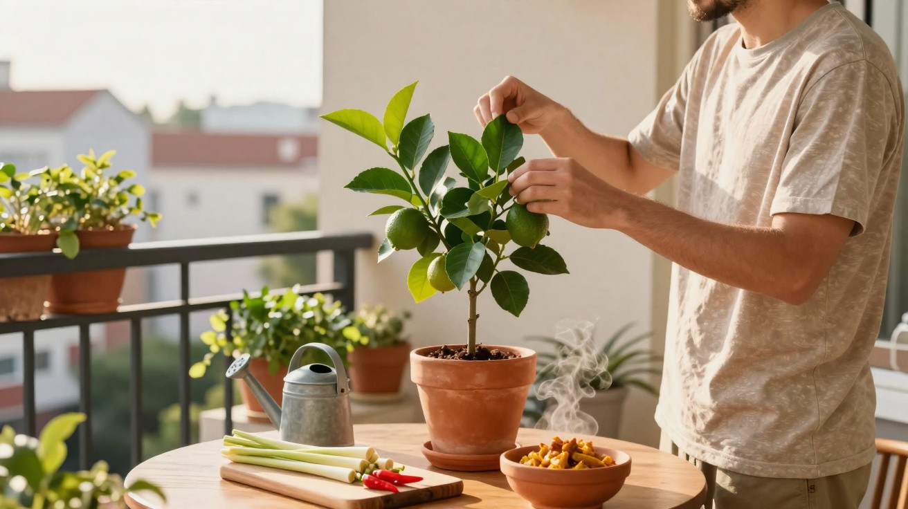 Bărbat îngrijind o plantă cu fructe verzi pe o masă de lemn pe balcon în timpul zilei.