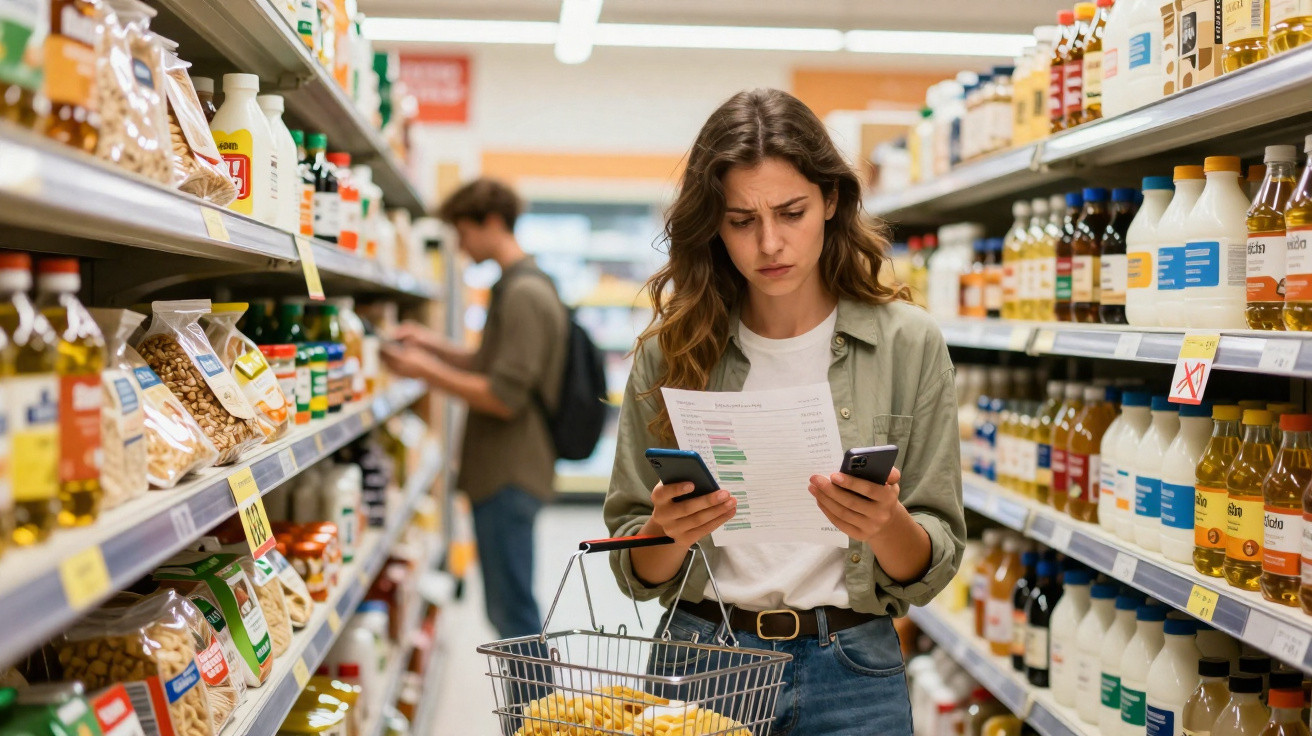 Femeie tânără cu coș de cumpărături verificând lista de produse și prețurile în supermarket.