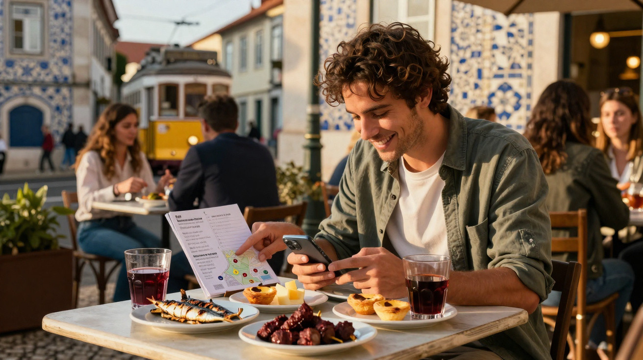 Bărbat zâmbind, ținând telefonul și un meniu la o cafenea în aer liber, cu mâncare tradițională pe masă.