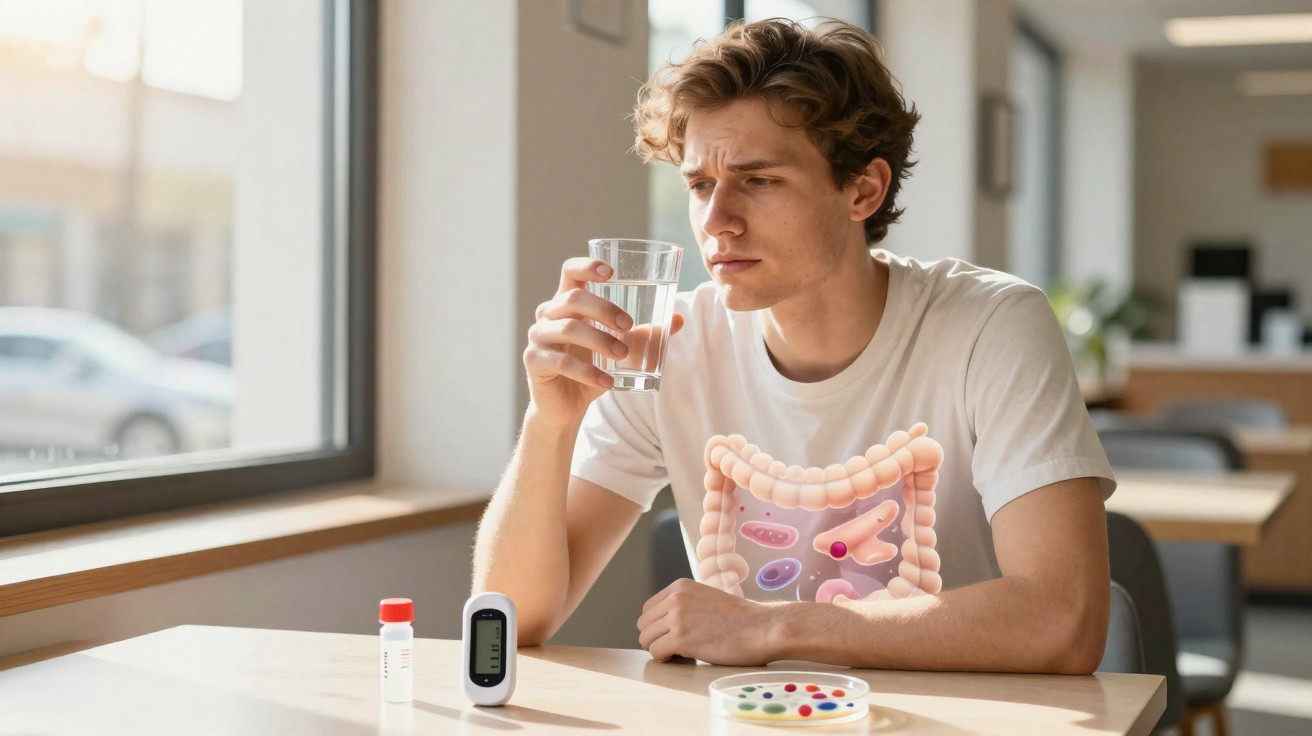 Bărbat preocupat ține un pahar cu apă, ilustrând probleme de sănătate digestivă, cu dispozitive medicale pe masă.