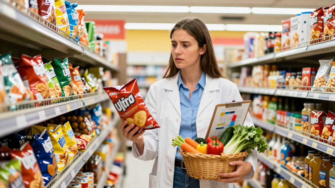 Femeie în halat alb ținând coș cu legume și verificând pachet de chipsuri într-un supermarket.