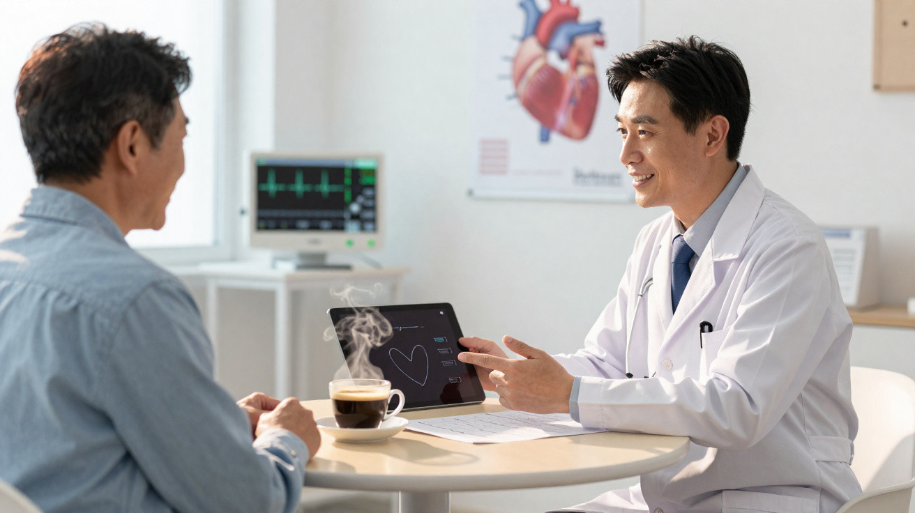 Doctor explicând pacientului rezultatele unui consult cardiologic la o masă în cabinetul medical.