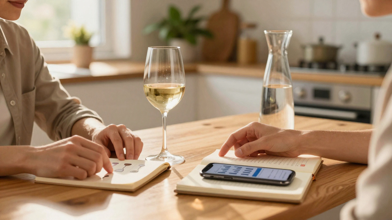 Două persoane discută la masă, cu un pahar de vin alb, caiete și un telefon mobil pe masă.