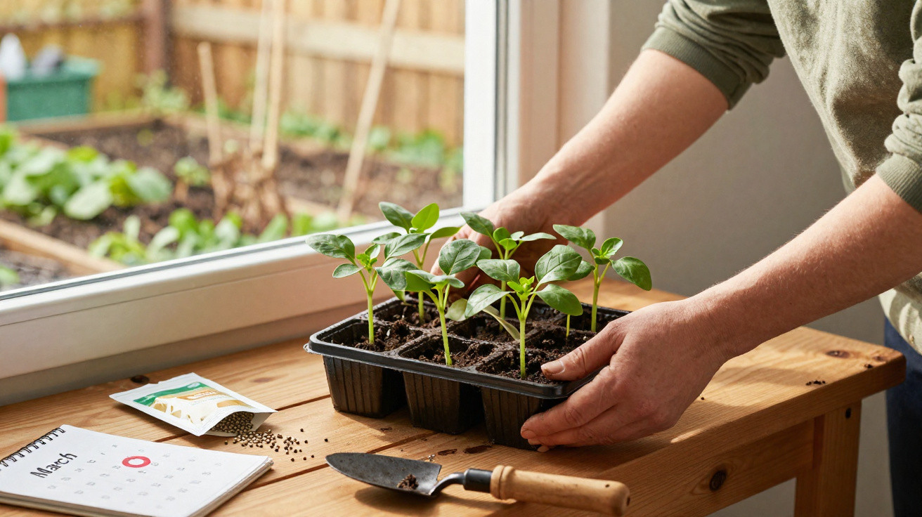 Mâini care mută răsaduri de plante într-o tavă pe un suport de lemn lângă fereastră, cu unelte de grădinărit.