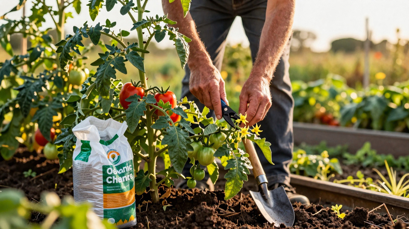 Un bărbat tunde o plantă de roșii în grădină, cu o sapă și un sac de îngrășământ organic lângă el.