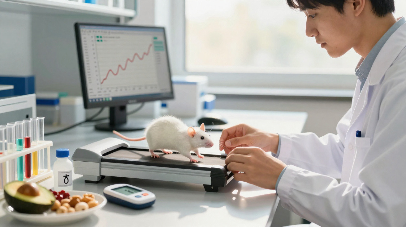 Cercetător în laborator care cântărește un șoarece alb pe o balanță digitală pentru experimente.