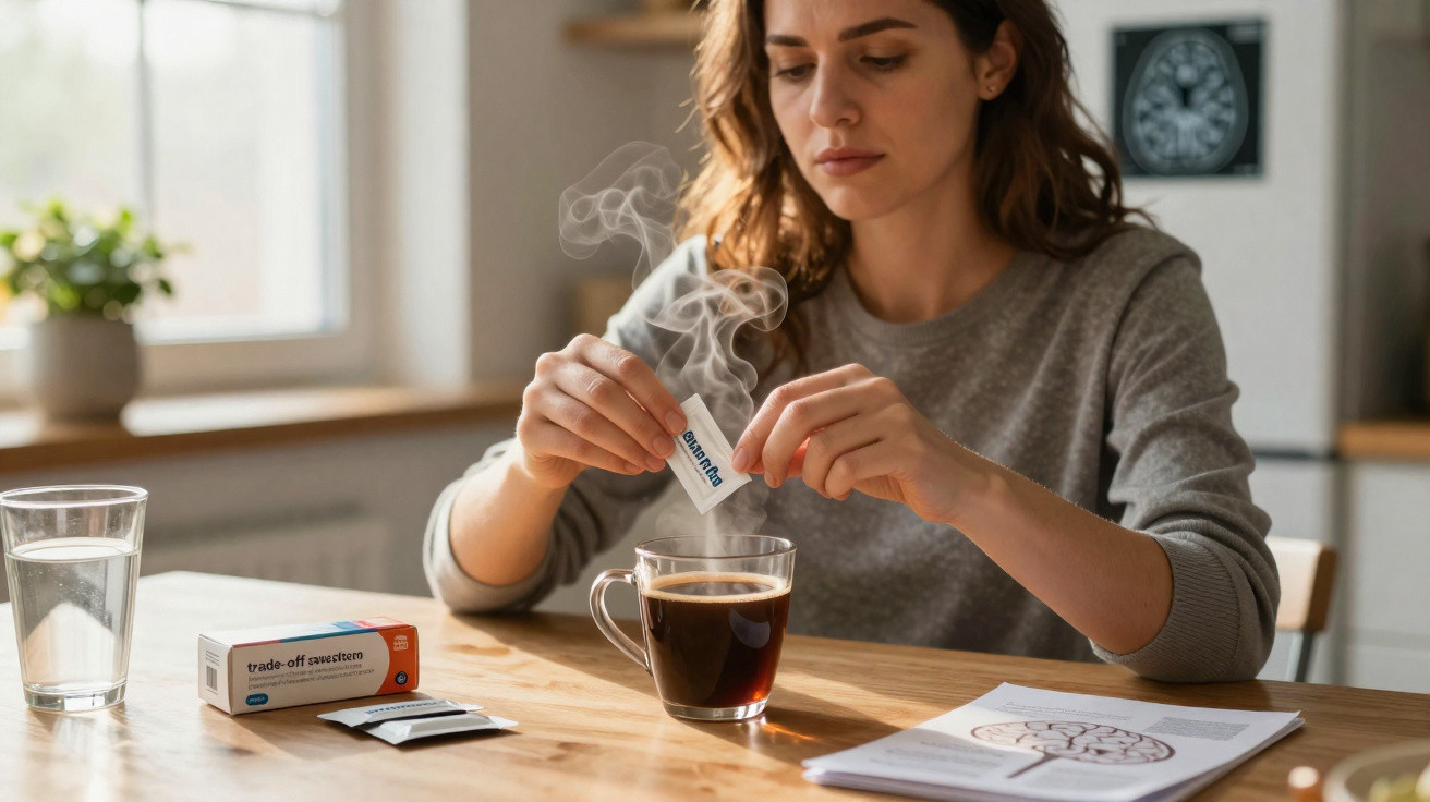 Femeie care toarnă zahăr cu îndulcitor în cafea fierbinte la masă în bucătărie luminată natural.