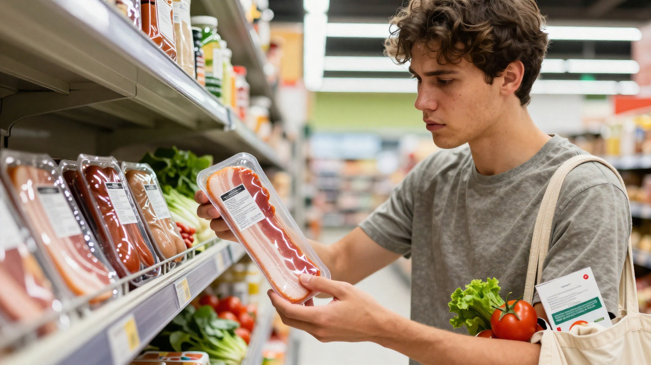 Tânăr ce examinează un pachet de carne procesată pe raftul unui supermarket, cu legume proaspete în sacoșa sa.
