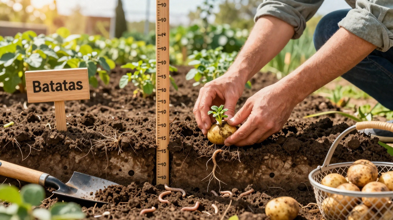 Persoană care plantează cartof într-un sol săpat, cu un semn „Batatas” și un coș cu cartofi lângă ea.