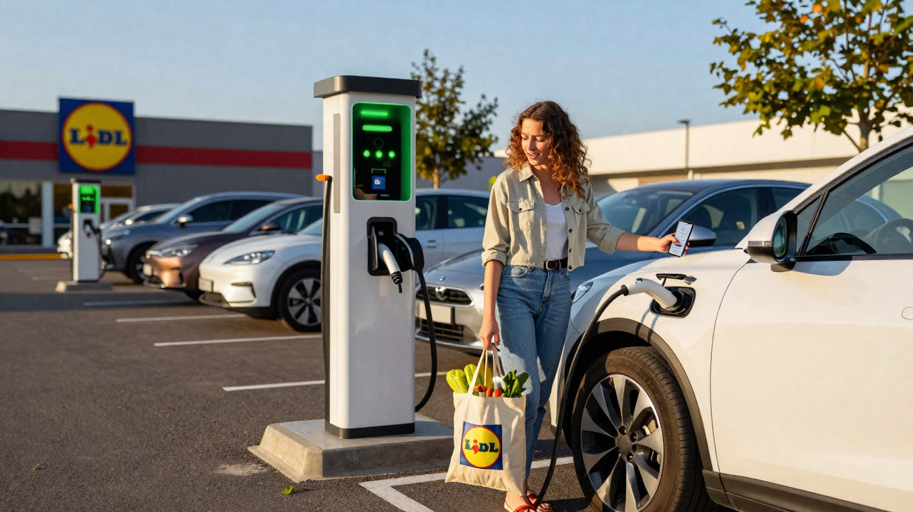 Femeie în parcarea Lidl încarcă o mașină electrică, ținând o sacoșă cu legume, pe timp de zi.