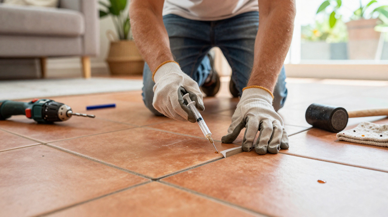 Persoană în mănuși reparând o fisură pe o gresie maro cu un aplicator de adeziv, în interior.
