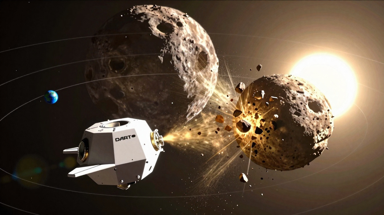Navă spațială DART lovește un asteroid în spațiu, cu Pământul și Soarele pe fundal.