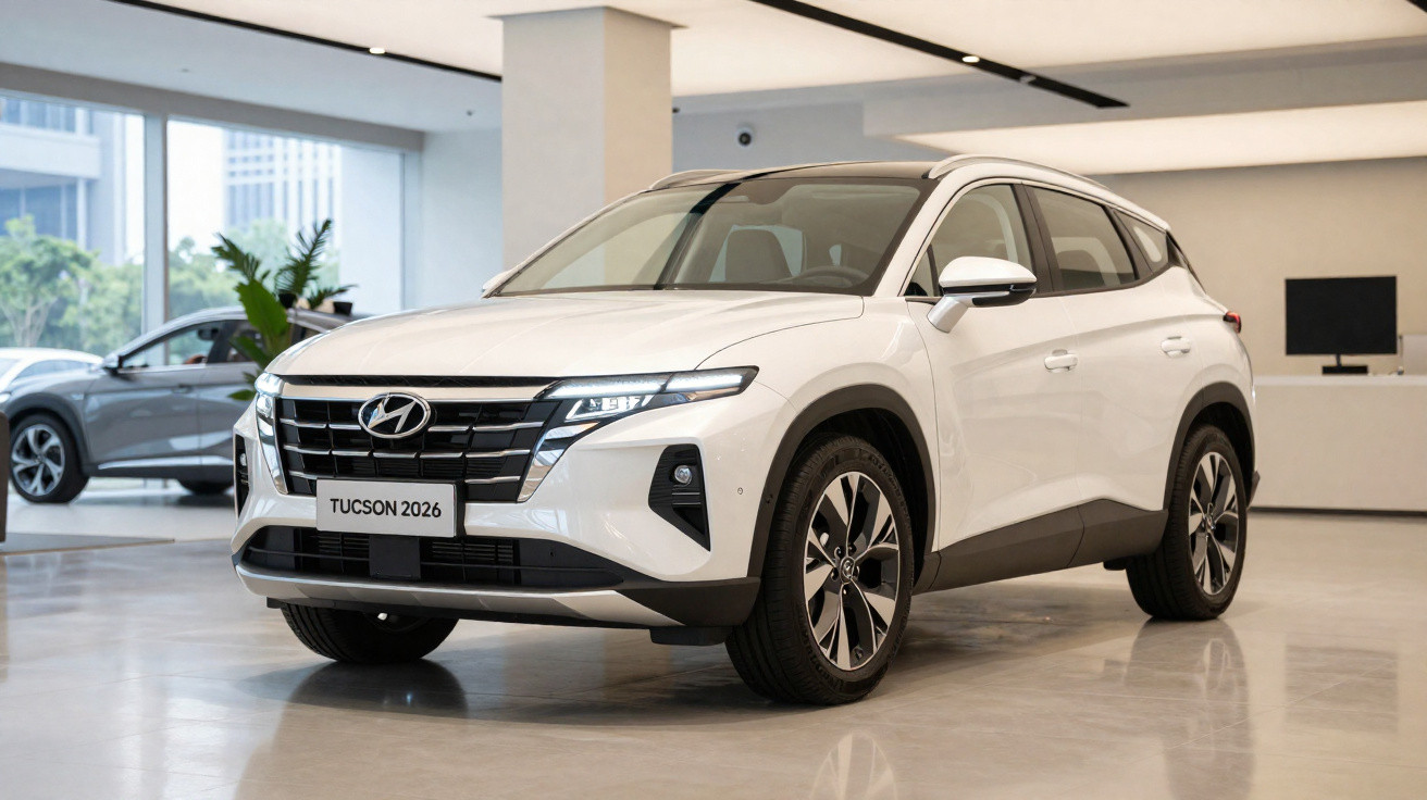 SUV Hyundai Tucson alb, model 2026, expus într-un showroom modern, cu geamuri mari și podea lucioasă.