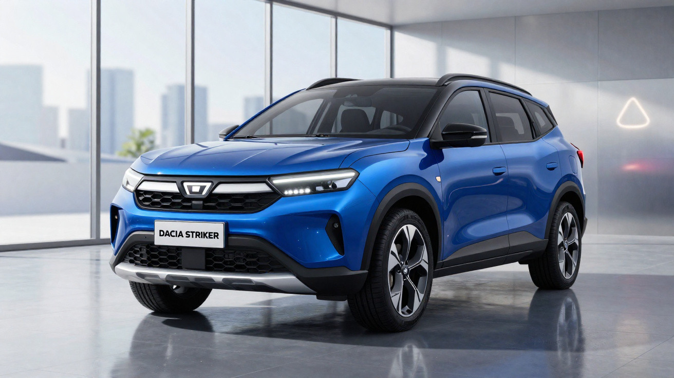 SUV Dacia Striker albastru, închis în spațiu modern, vedere frontală laterală dreapta.
